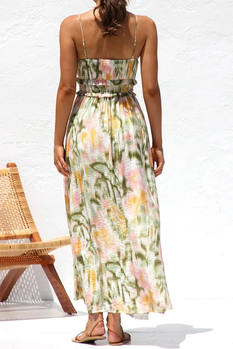 Women's Printed Maxi Dress with Spaghetti Straps and Side Slit