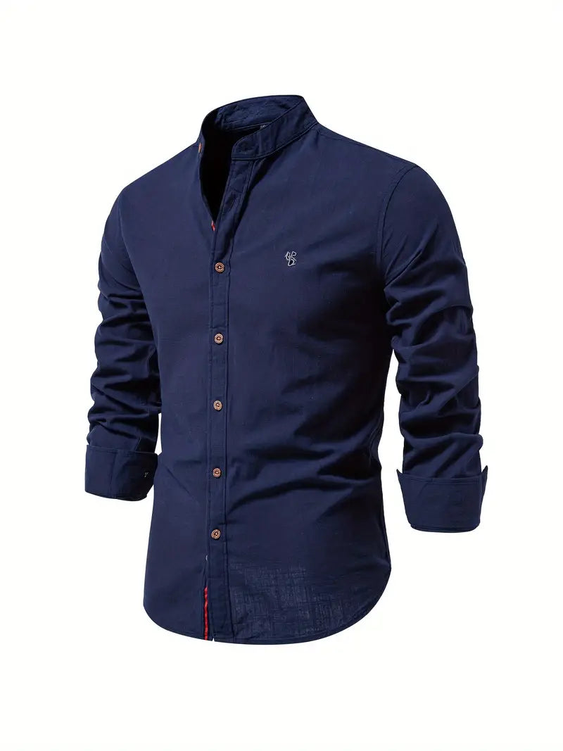 Men's Long-Sleeve Button-Up Shirt with Mandarin Collar and Logo