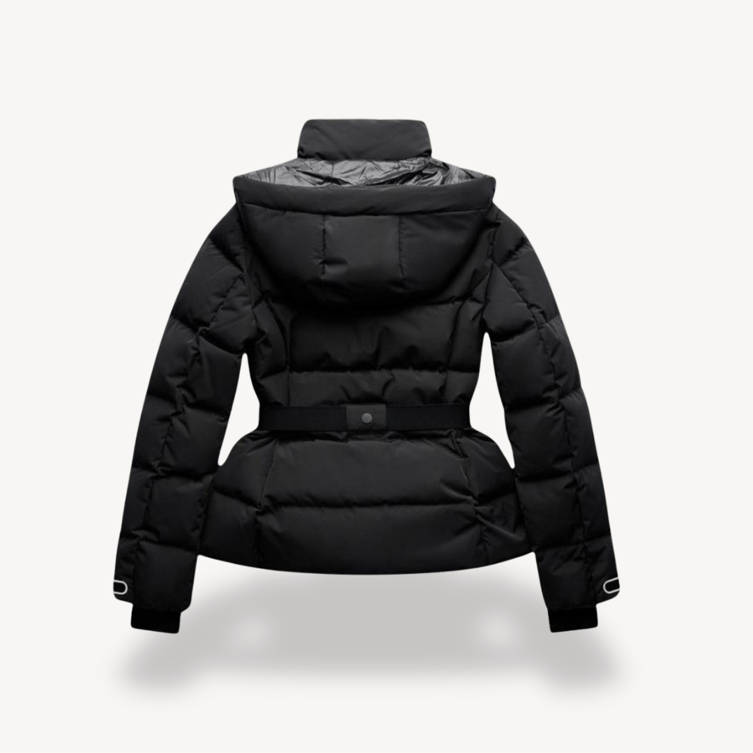 Women's Black Waterproof Belted Puffer Jacket with High Collar