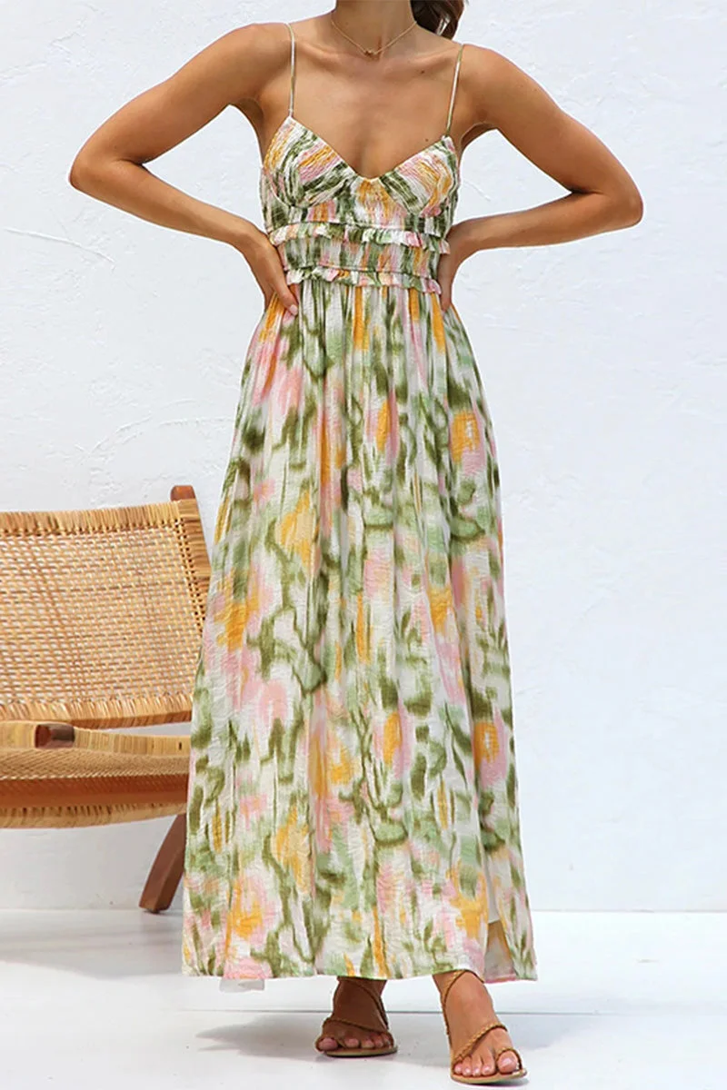 Women's Printed Maxi Dress with Spaghetti Straps and Side Slit