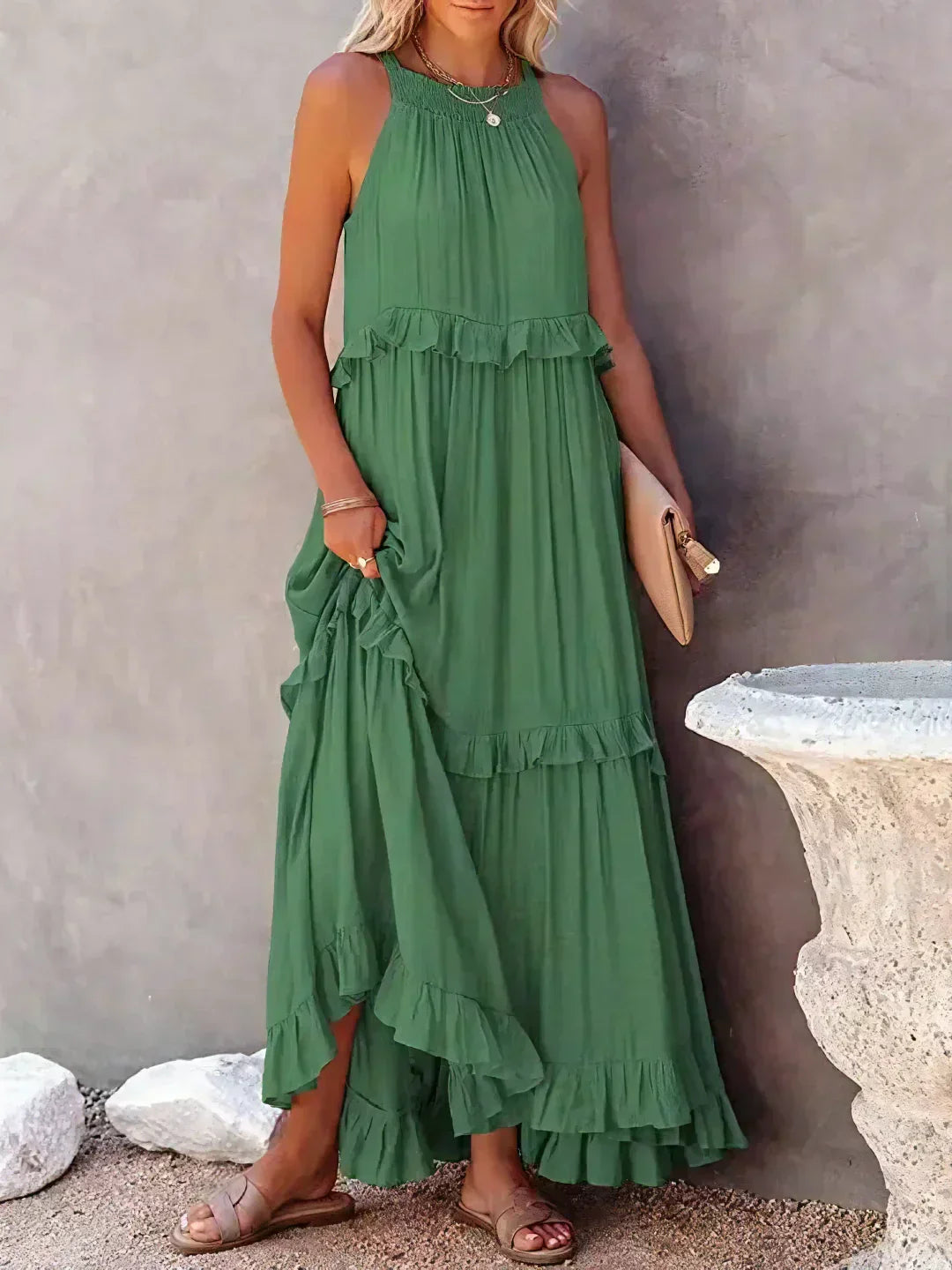 Women's Halterneck Maxi Dress with Ruffle Layers and Side Pockets