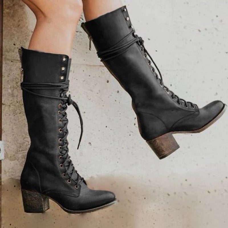 Women's Knee High Boots with Lace Up Front and Chunky Heel