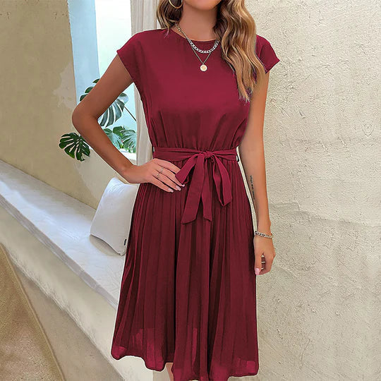 Women's Cap Sleeve Pleated Midi Dress with Waist Tie