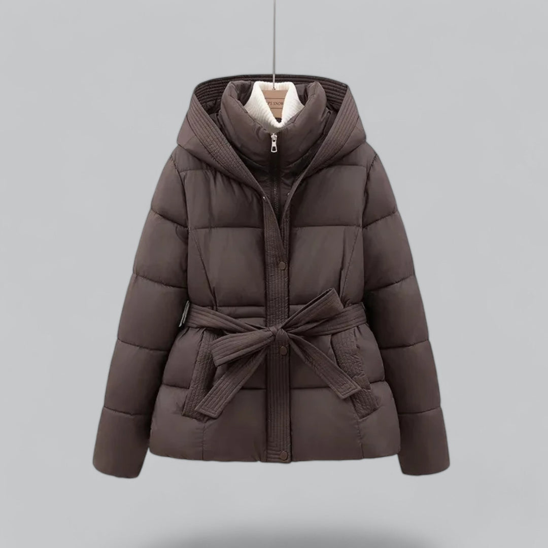 Women's Belted Hooded Puffer Jacket with Quilted Warm Padding