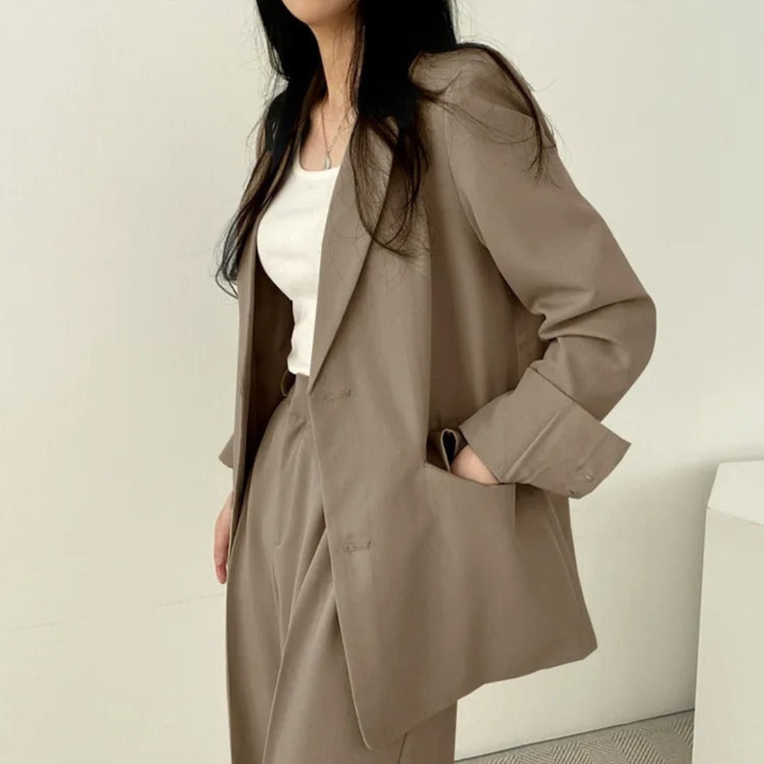 Women's 2-Piece Suit Set with Blazer and High-Waisted Trousers