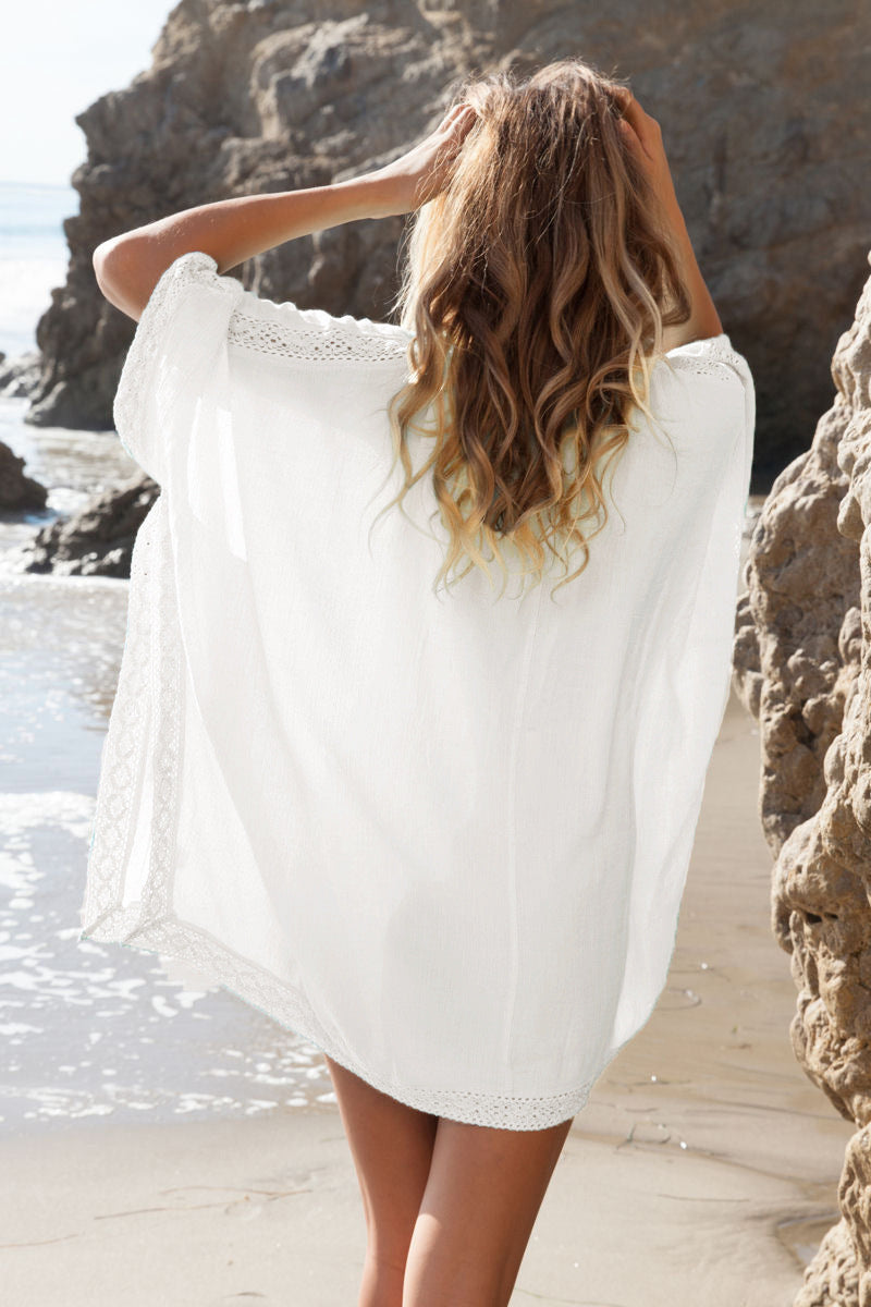 Women's V-Neck Beach Cover-Up Tunic Dress with Crochet Trim