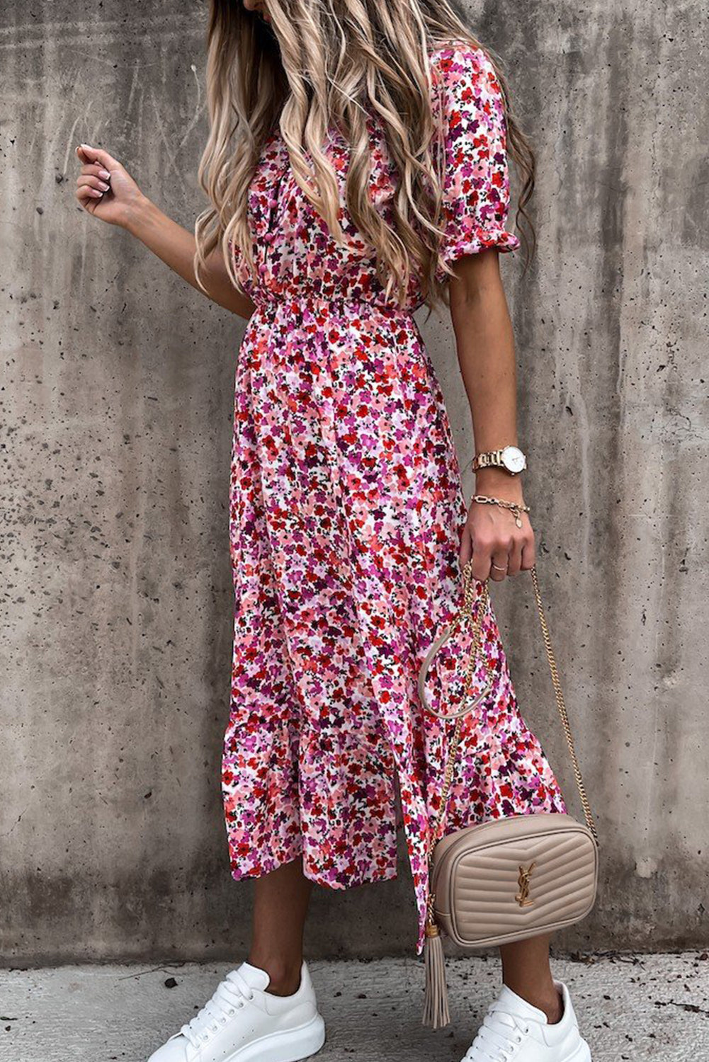 Women's Floral Maxi Dress with V-Neck and Side Slit Detail