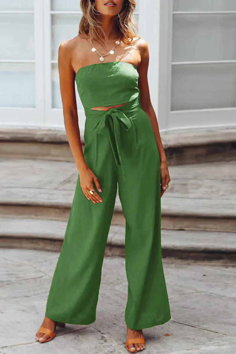 Women's Strapless Tie-Waist Two-Piece Set with Wide-Leg Pants