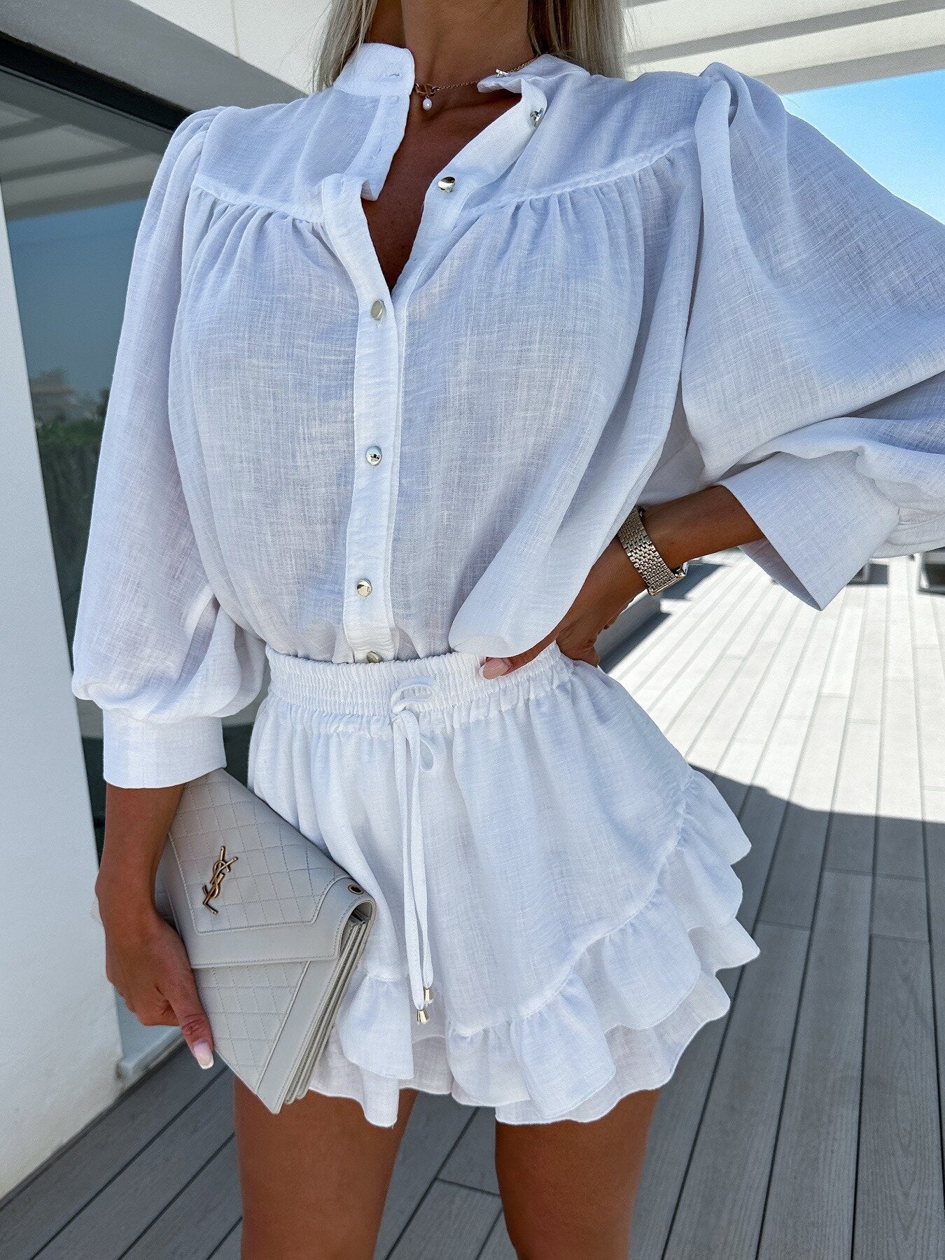 Women's Two-Piece Set with Button Top and Ruffle Hem Shorts