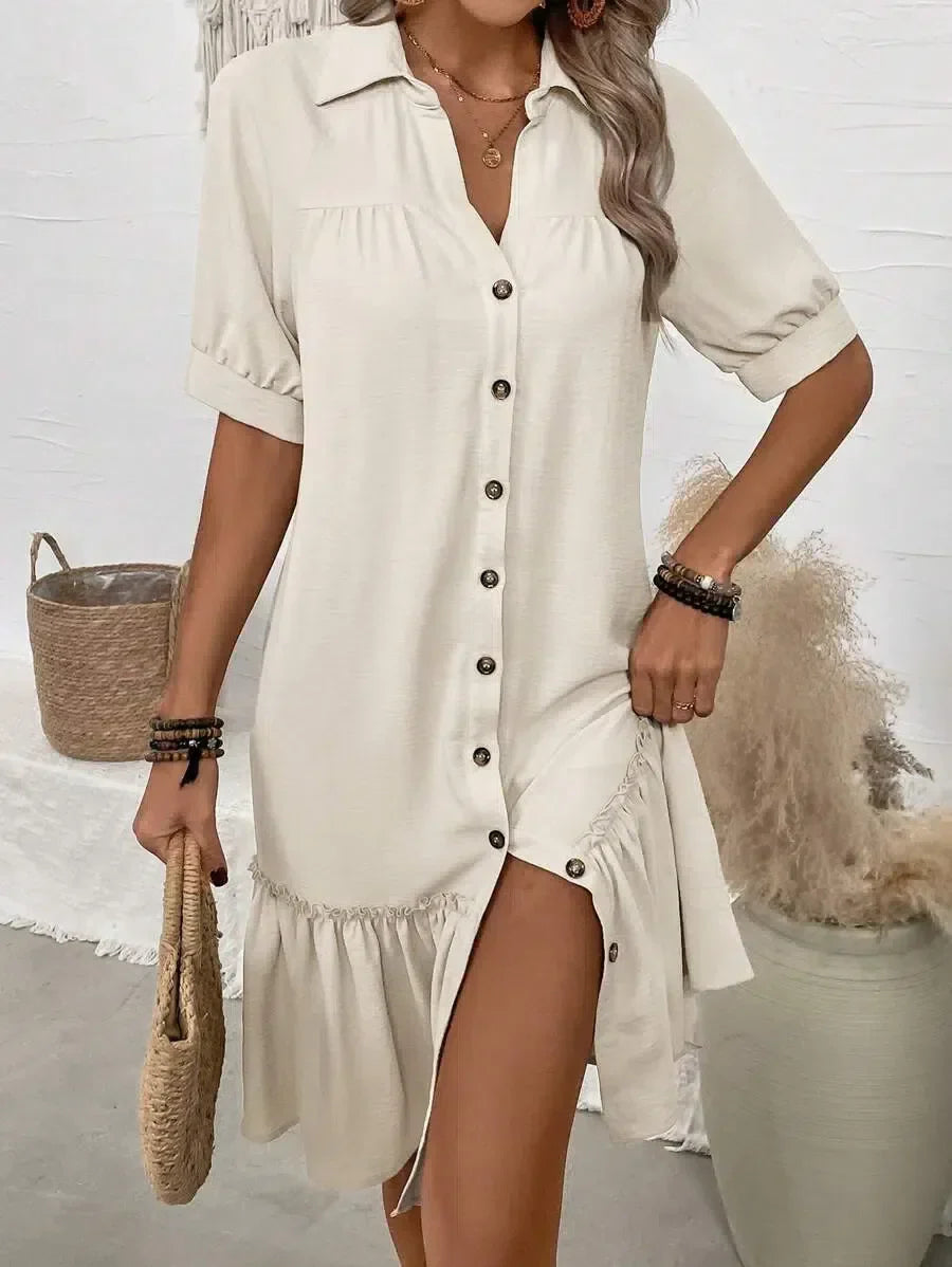 Women's Button-Down Midi Dress with Ruffled Hem for Stylish Comfort