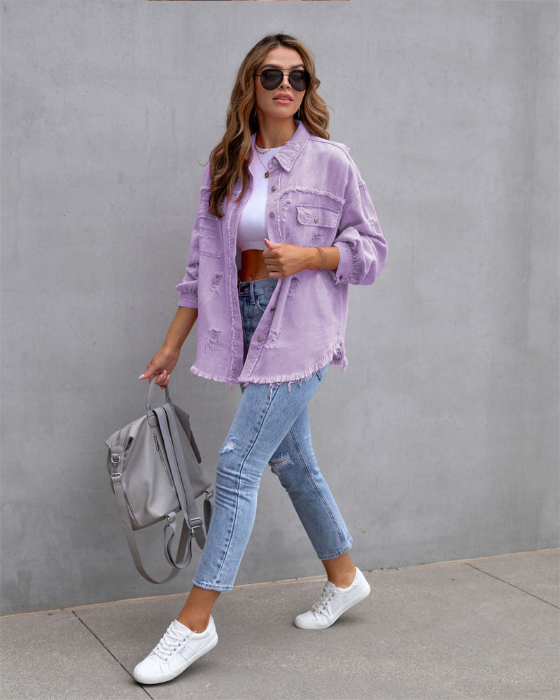 Women's Distressed Button-Up Denim Jacket with Raw Hem Edges