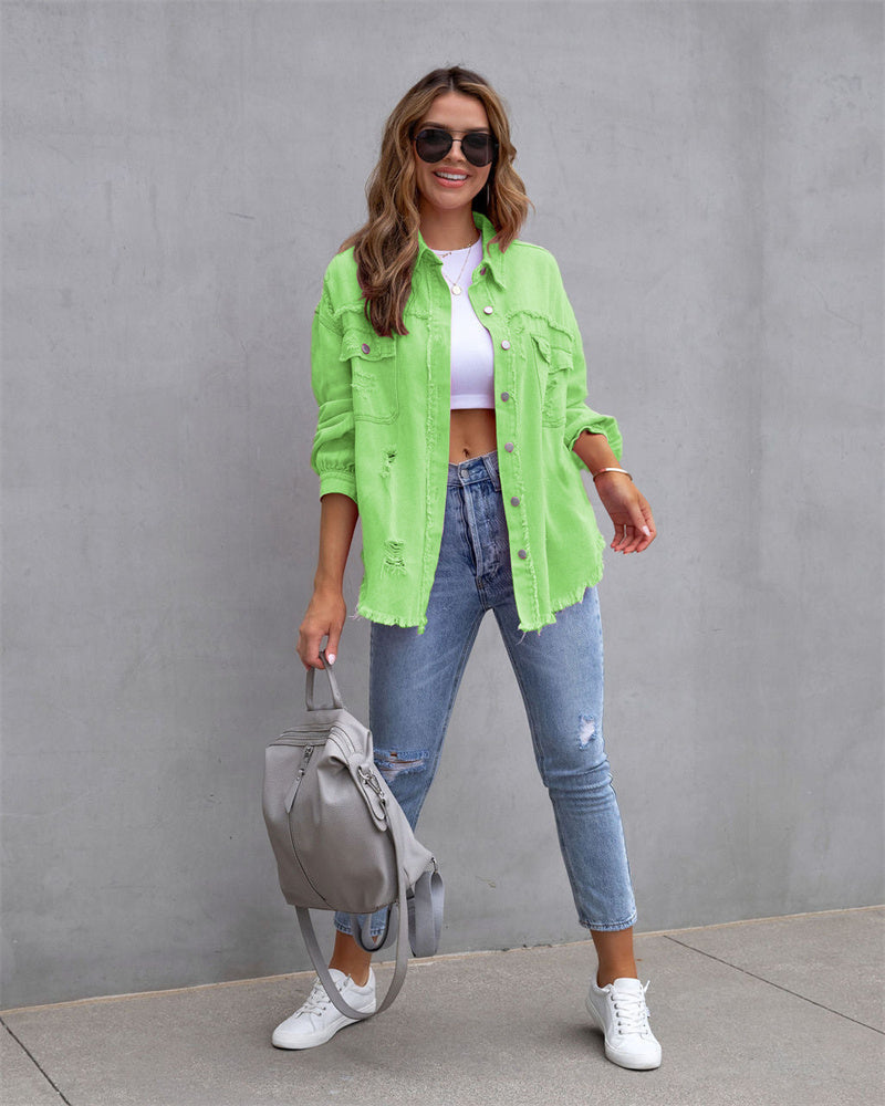 Women's Distressed Button-Up Denim Jacket with Raw Hem Edges