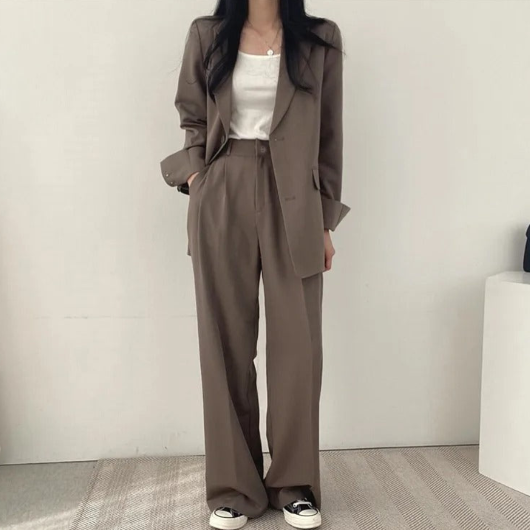Women's 2-Piece Suit Set with Blazer and High-Waisted Trousers
