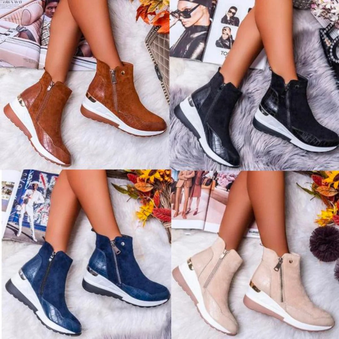 Women’s Mid-Height Wedge Ankle Boots with Side Zipper and Gold Trim