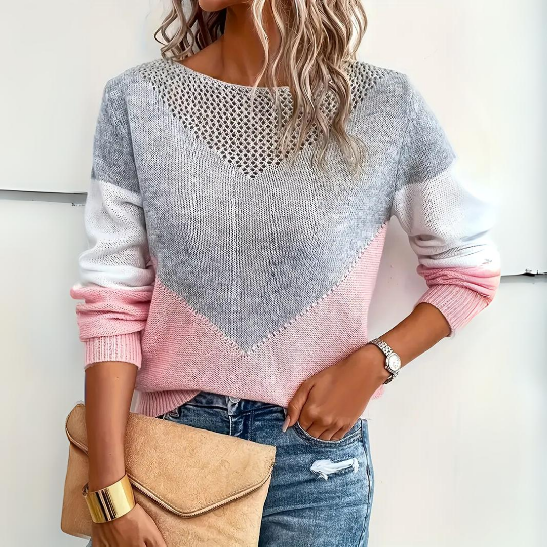 Women’s Color Block Pointelle Jumper with V-Shape Contrast Panels