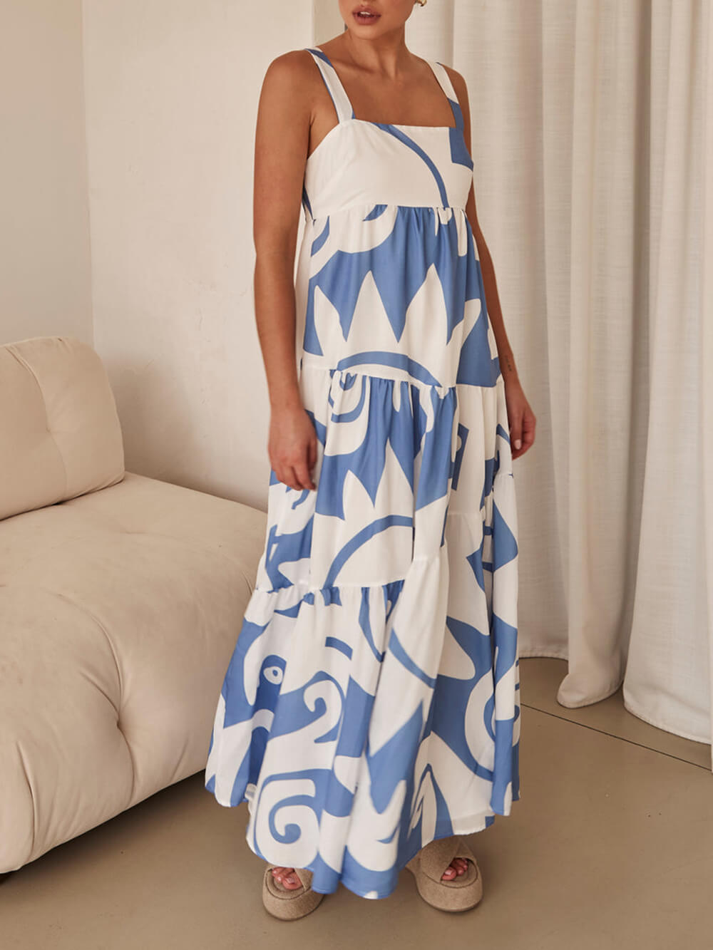 Women's Geometric Print Maxi Dress with Wide Straps and Tiers