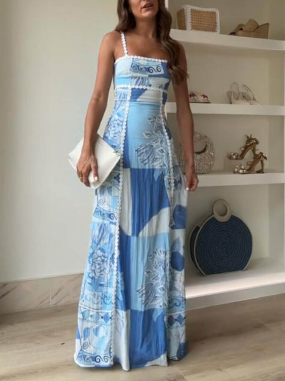 Women’s Printed Halter Strap Maxi Dress with Lace Patchwork and Back Tie