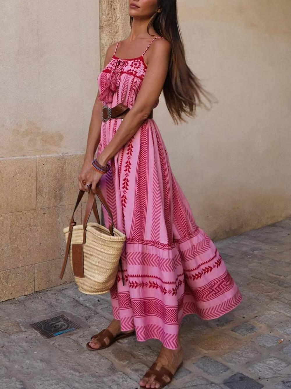 Women's Ethnic Print Maxi Dress with Tassel Tie and Spaghetti Straps