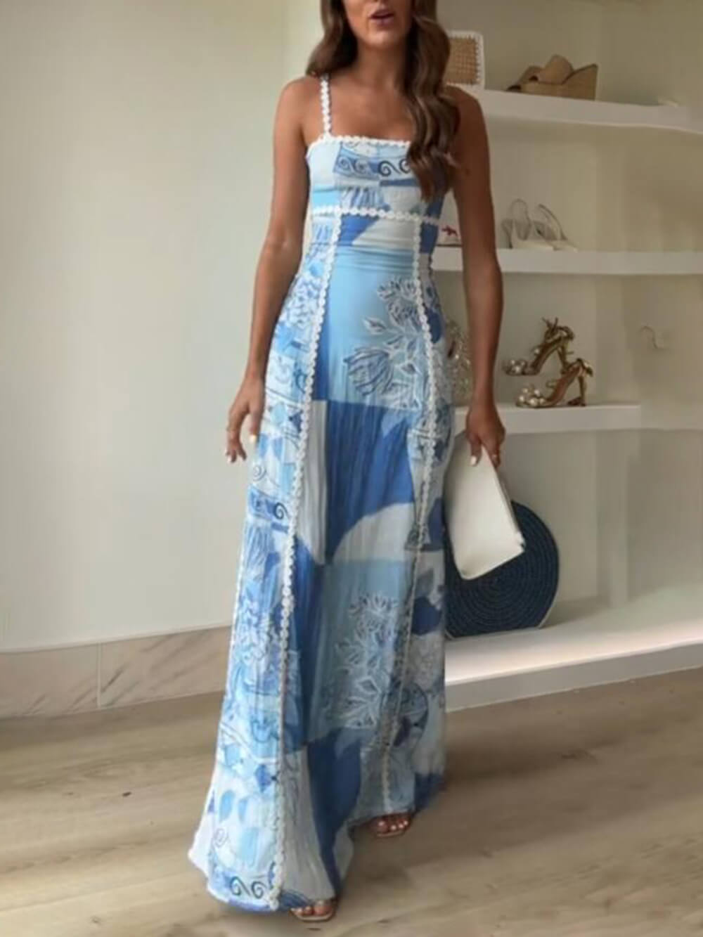 Women’s Printed Halter Strap Maxi Dress with Lace Patchwork and Back Tie