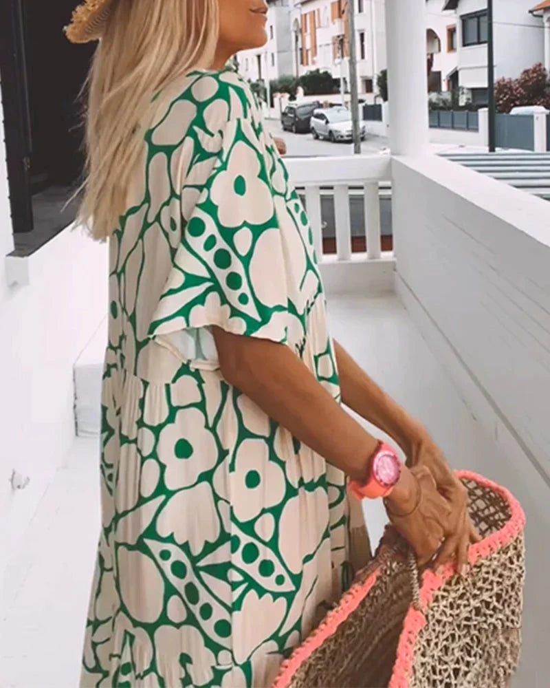Women's V-Neck Maxi Dress with Short Sleeves and Floral Print