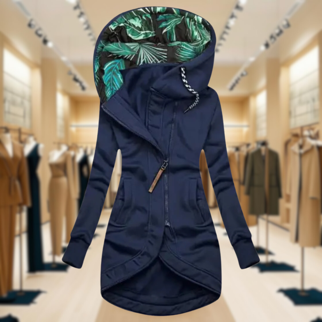 Women's Lightweight Rain Jacket with Hood and Asymmetric Zip