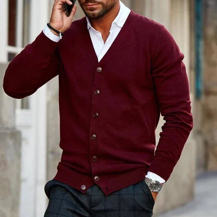 Men's Slim-Fit V-Neck Cardigan with Button Front and Pockets