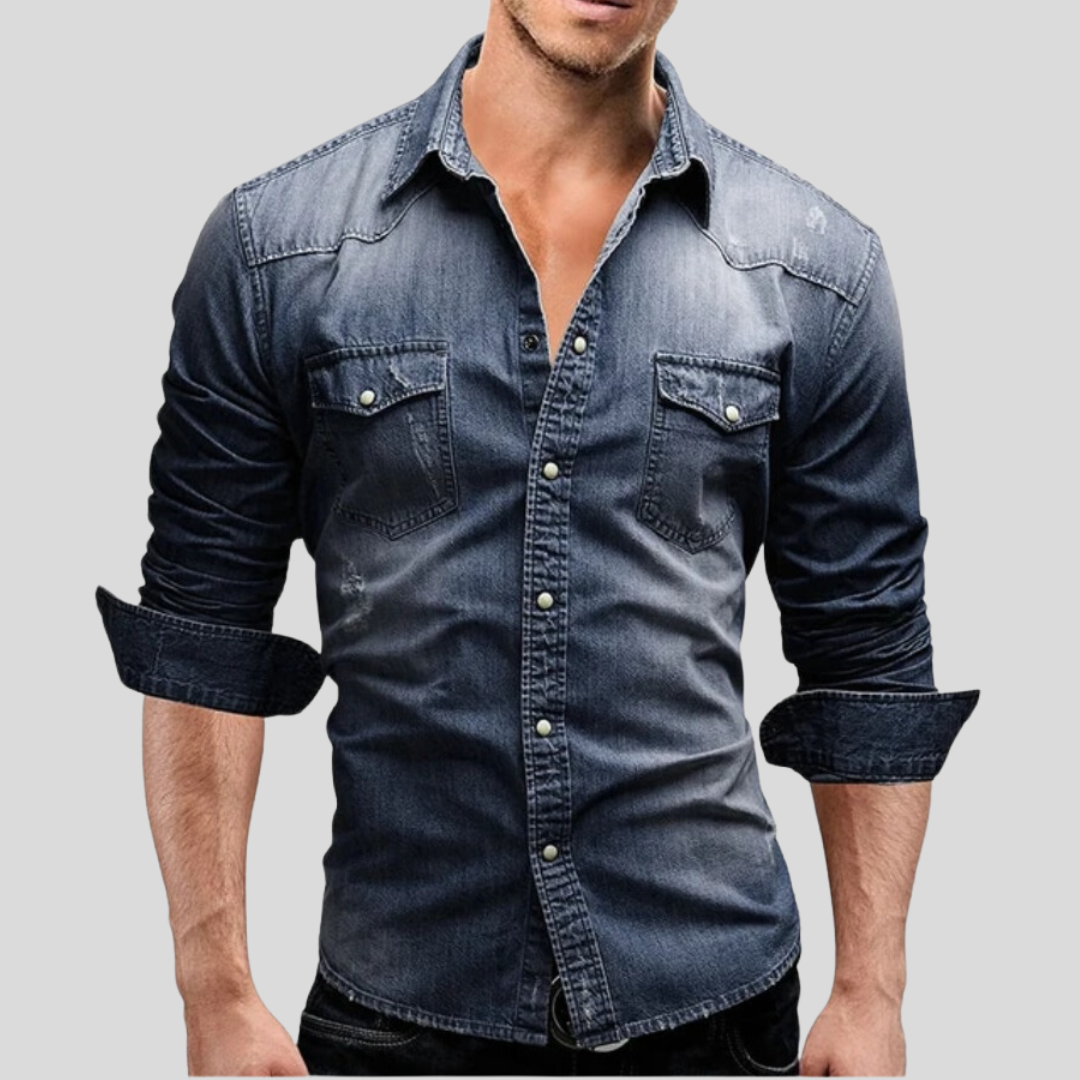 Men's Long-Sleeve Button-Up Shirt with Front Pockets and Rolled Cuffs