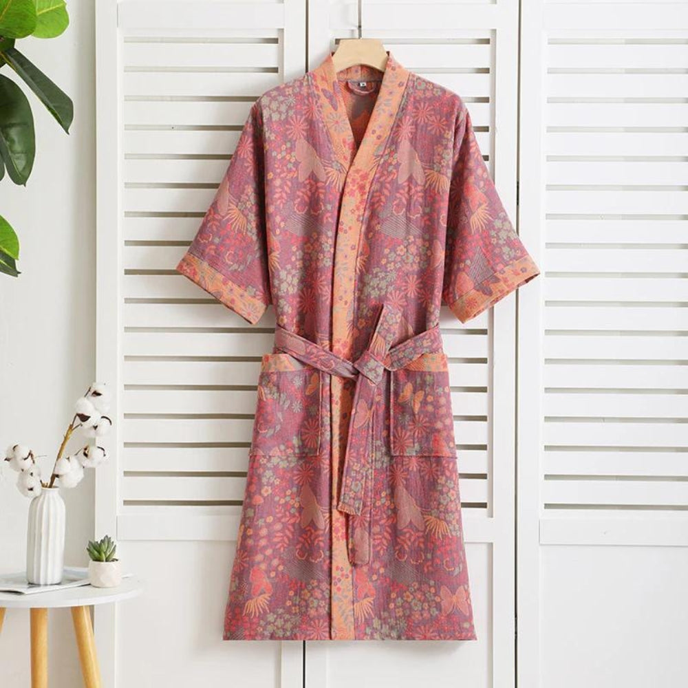 Women's Floral Kimono Style Bath Robe with Belt and Pockets
