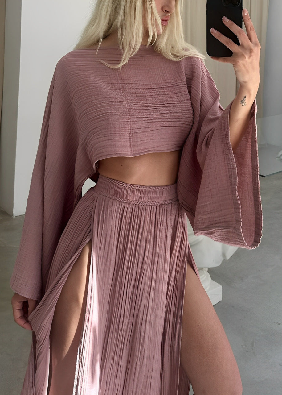 Women's Two-Piece Maxi Skirt Set with Slit and Flowy Crop Top