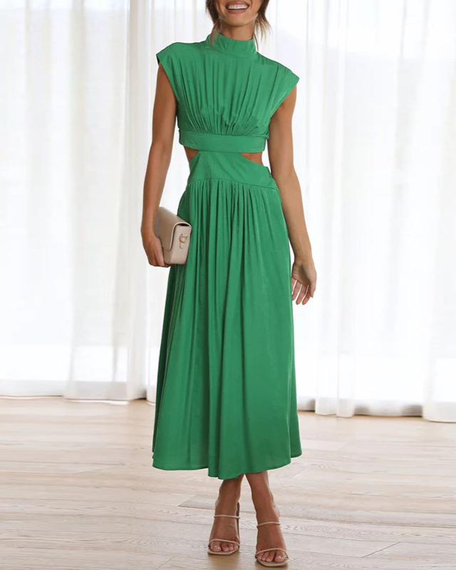 Women's Sleeveless Pleated Midi Dress with Stand Collar
