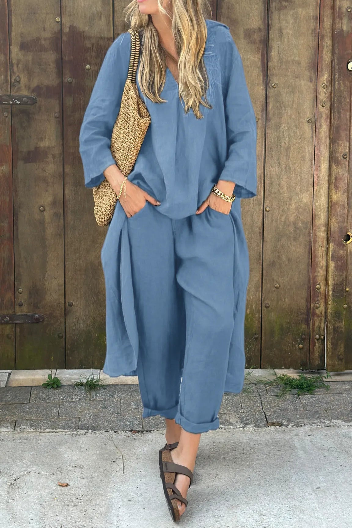 Women's Oversized Two-Piece Lounge Set with Longline Top and Cropped Pants
