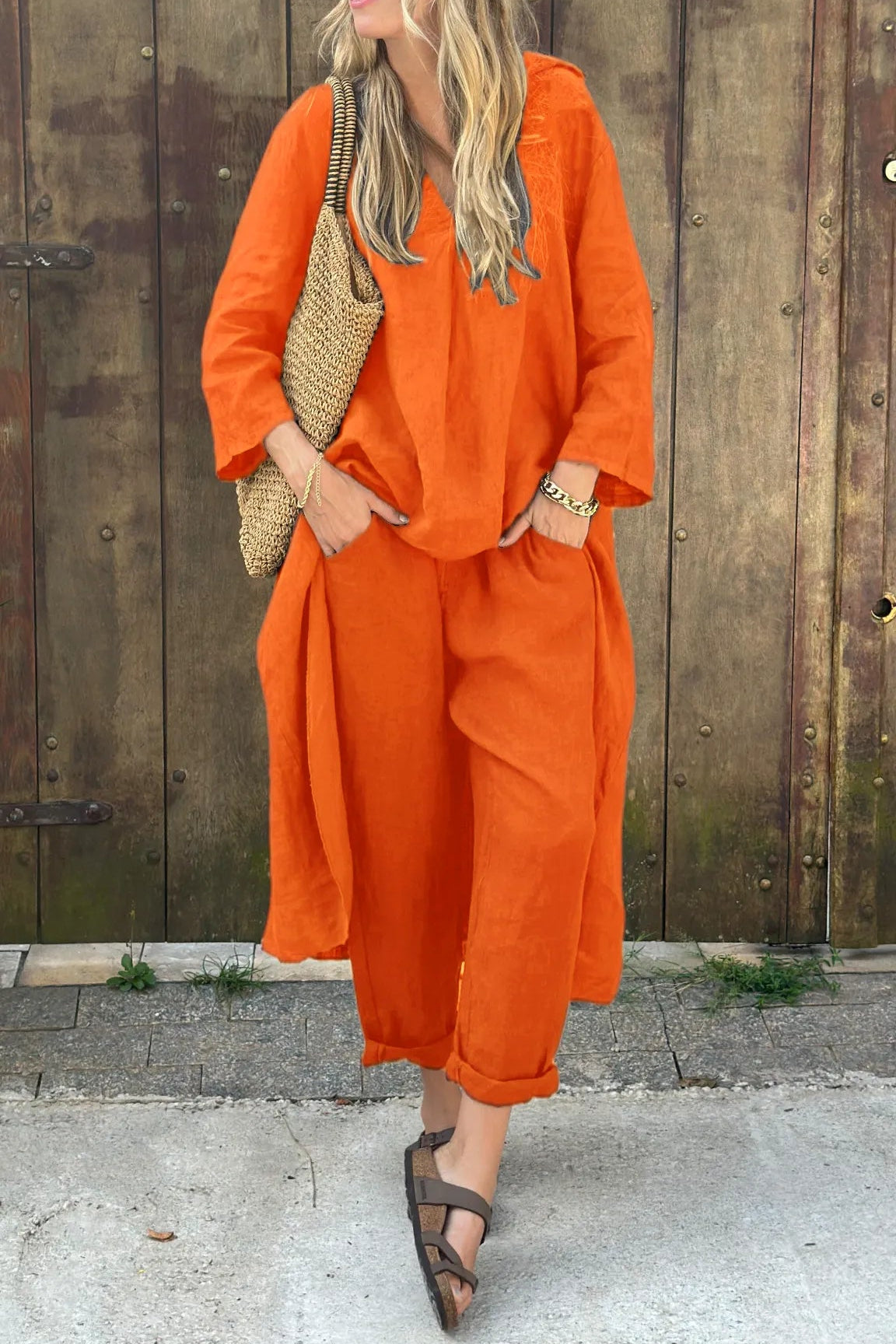 Women's Oversized Two-Piece Lounge Set with Longline Top and Cropped Pants