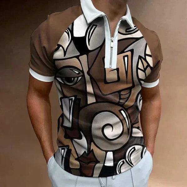 Men's Short Sleeve Polo Shirt with Retro Zip Stripe Design