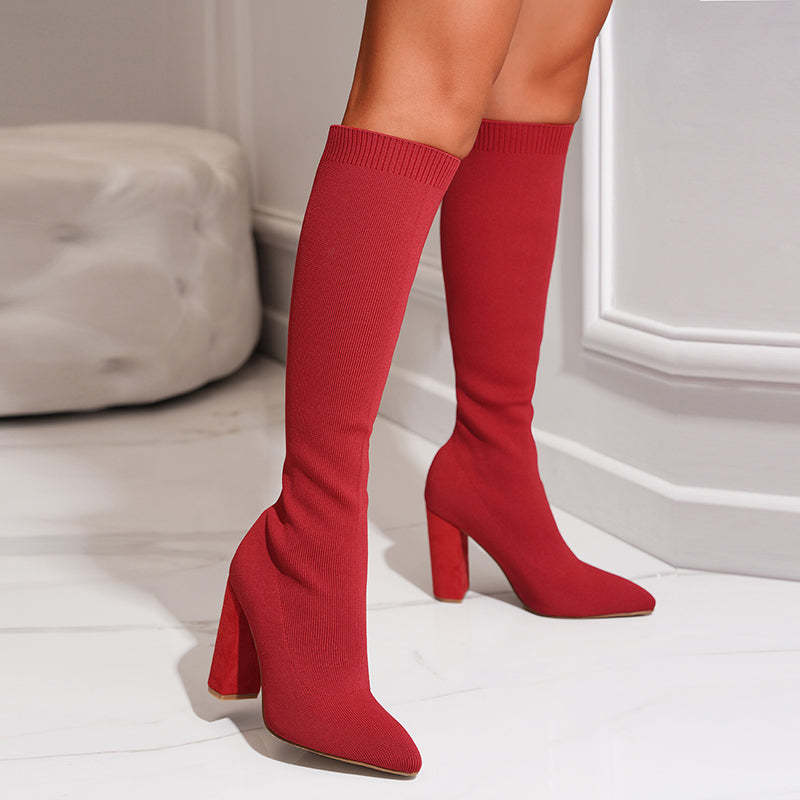 Women's Knee High Sock Boots with Pointed Toe and Block Heel