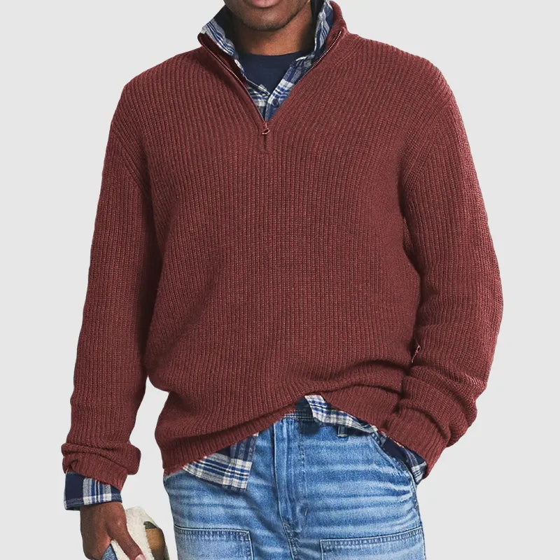 Men’s Ribbed Knit Half-Zip Jumper with Stand Collar and Long Sleeves