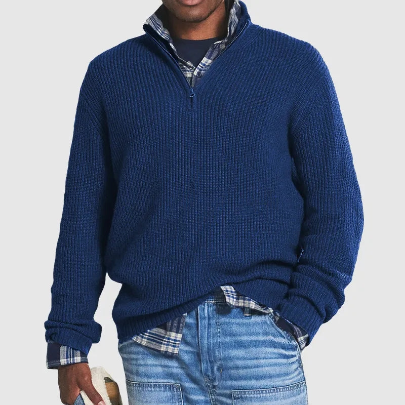 Men’s Ribbed Knit Half-Zip Jumper with Stand Collar and Long Sleeves