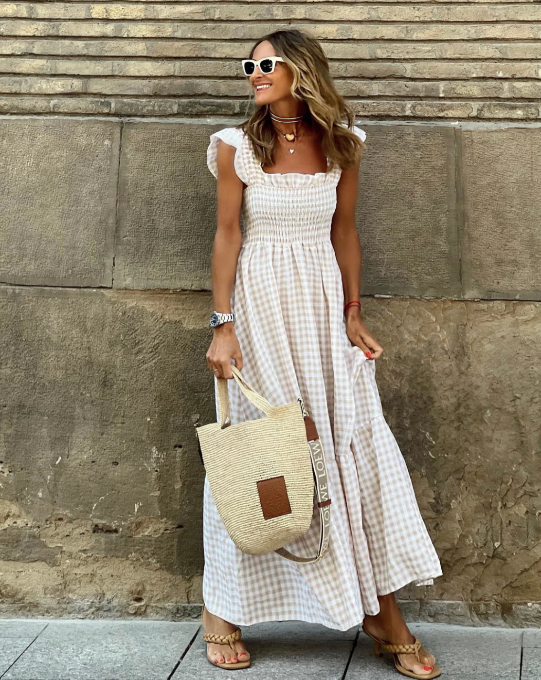 Women's Smocked Gingham Maxi Dress with Ruffle Sleeves