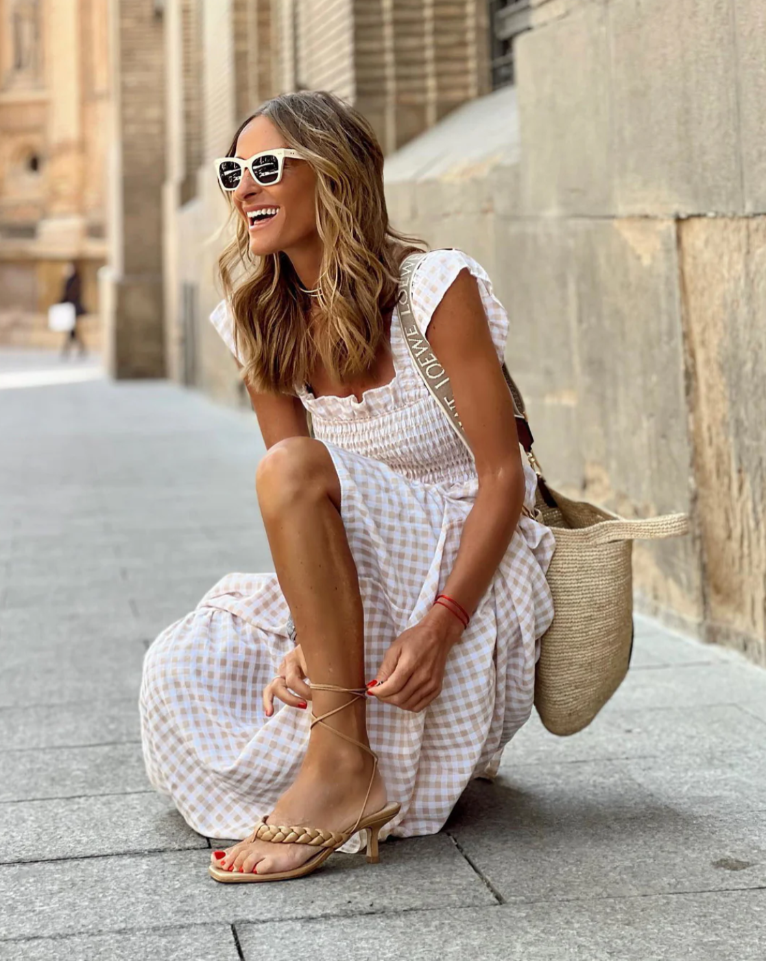 Women's Smocked Gingham Maxi Dress with Ruffle Sleeves