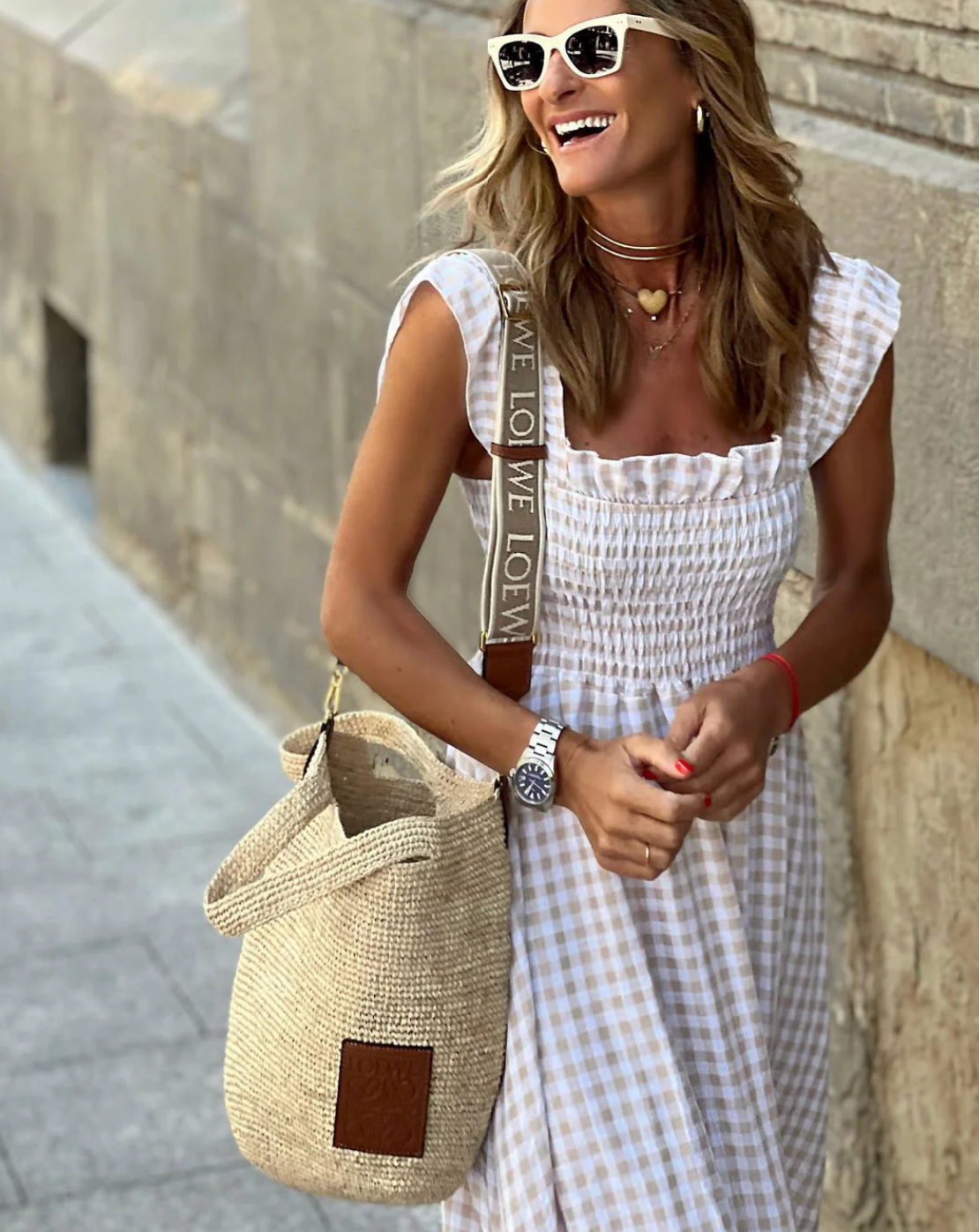 Women's Smocked Gingham Maxi Dress with Ruffle Sleeves