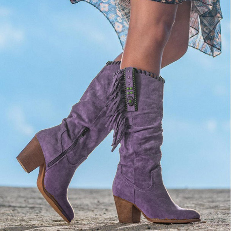 Women's Knee High Cowboy Boots with Fringe and Block Heel
