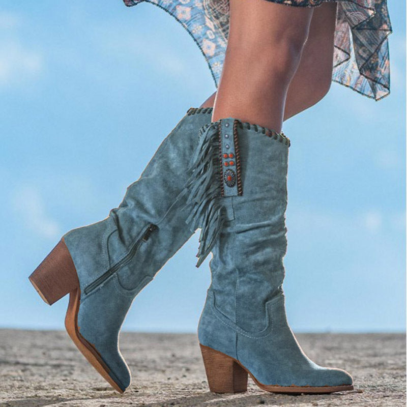 Women's Knee High Cowboy Boots with Fringe and Block Heel