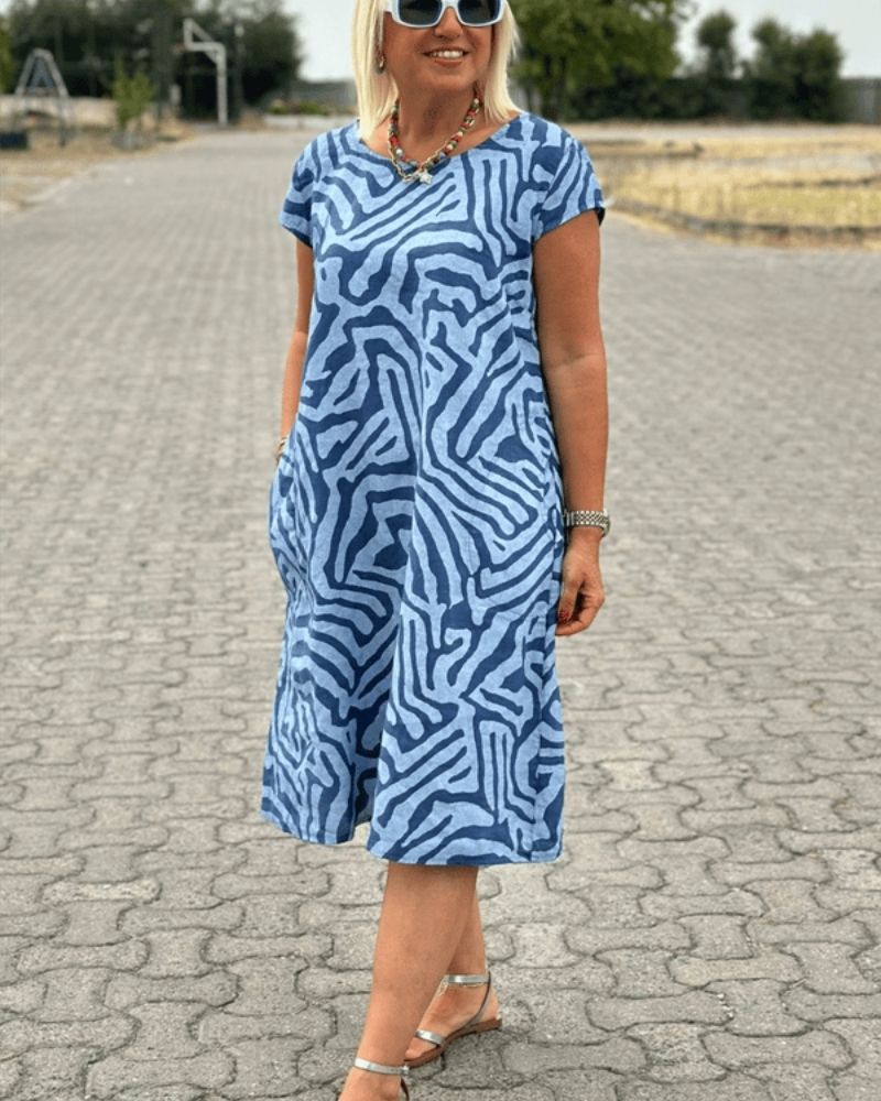 Women's Relaxed Fit Midi Dress with Short Sleeves and Pocket Detail