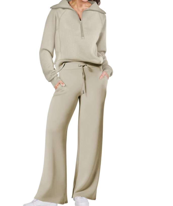 Women's Wide-Leg Zip Tracksuit 2-Piece Set with Drawstring Fit