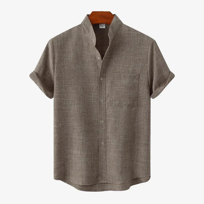 Men's Short-Sleeve Stand Collar Shirt with Front Chest Pocket