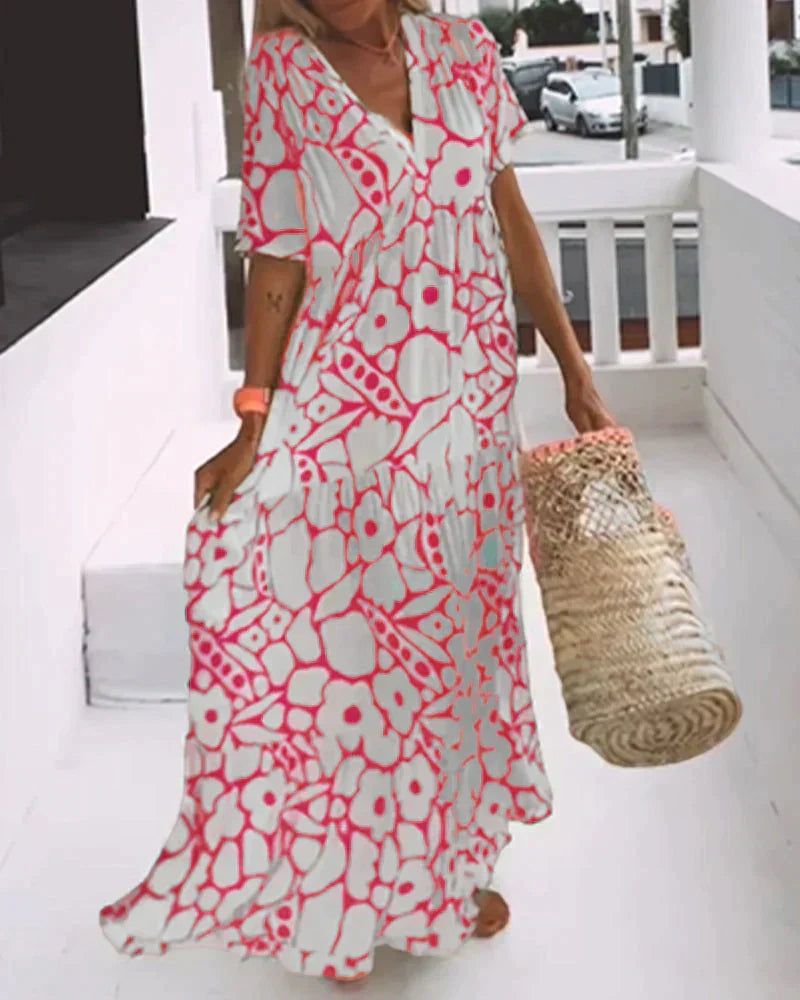 Women's V-Neck Maxi Dress with Short Sleeves and Floral Print