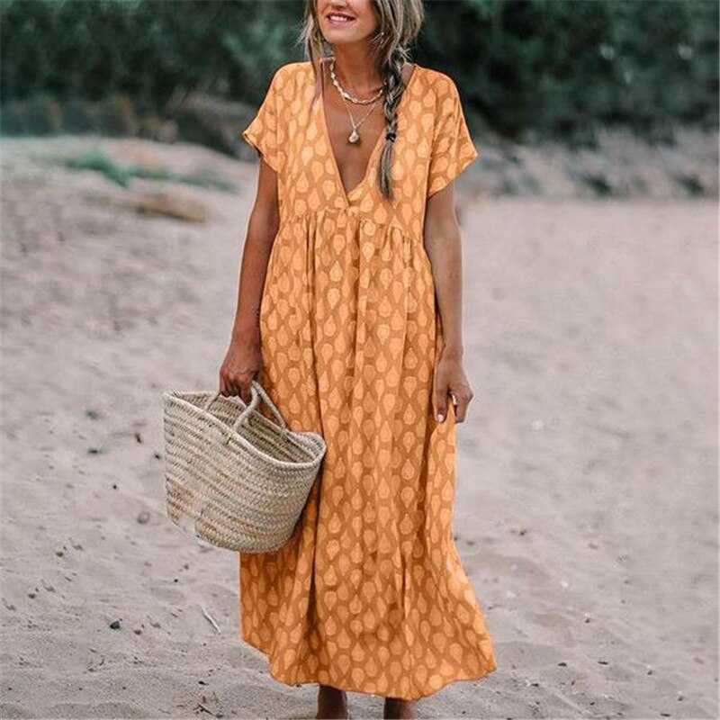 Women's Printed Maxi Dress with V-Neck and Relaxed Short Sleeves