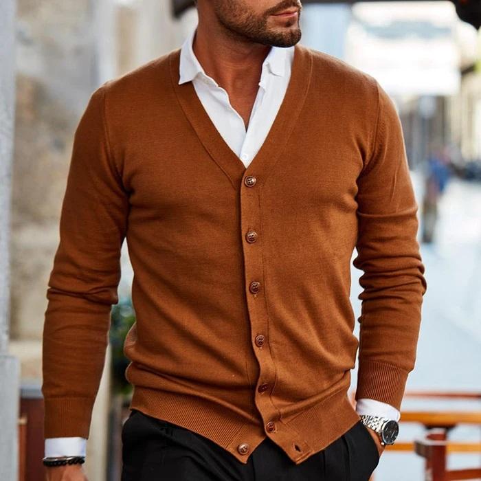Men's Slim-Fit V-Neck Cardigan with Button Front and Pockets