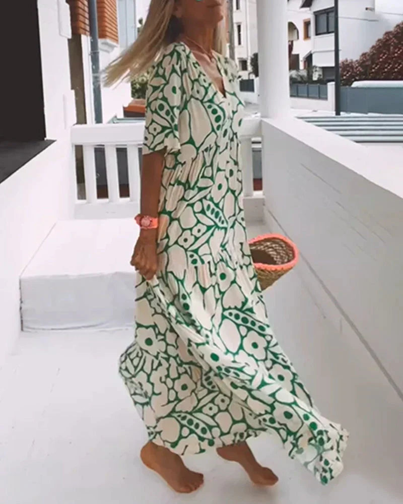 Women's V-Neck Maxi Dress with Short Sleeves and Floral Print