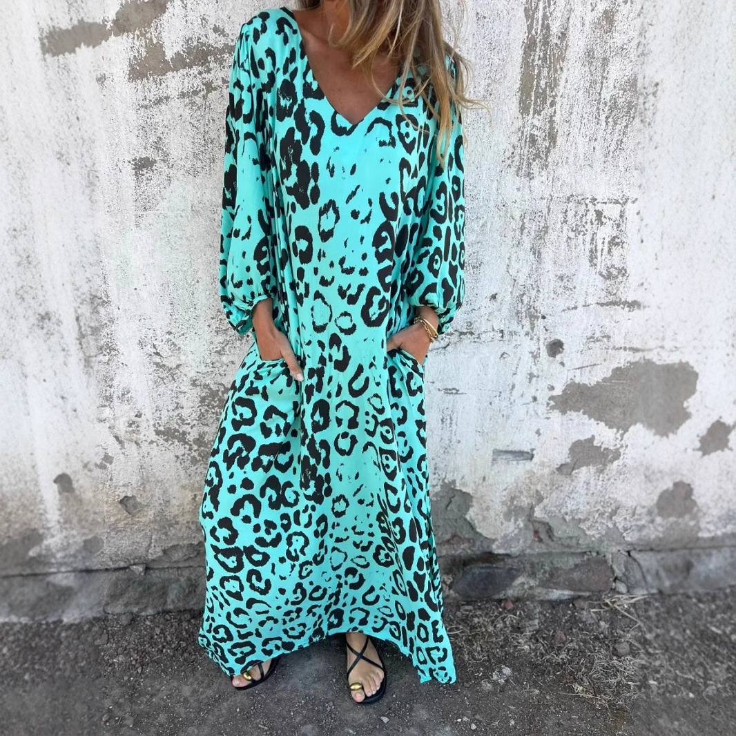 Women's V-Neck Maxi Dress with Animal Print and Long Sleeves