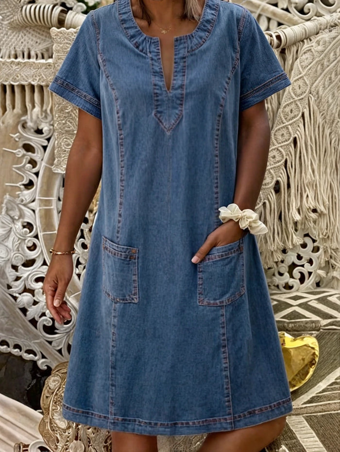 Women’s Casual Mini Dress with Functional Pockets and Short Sleeves